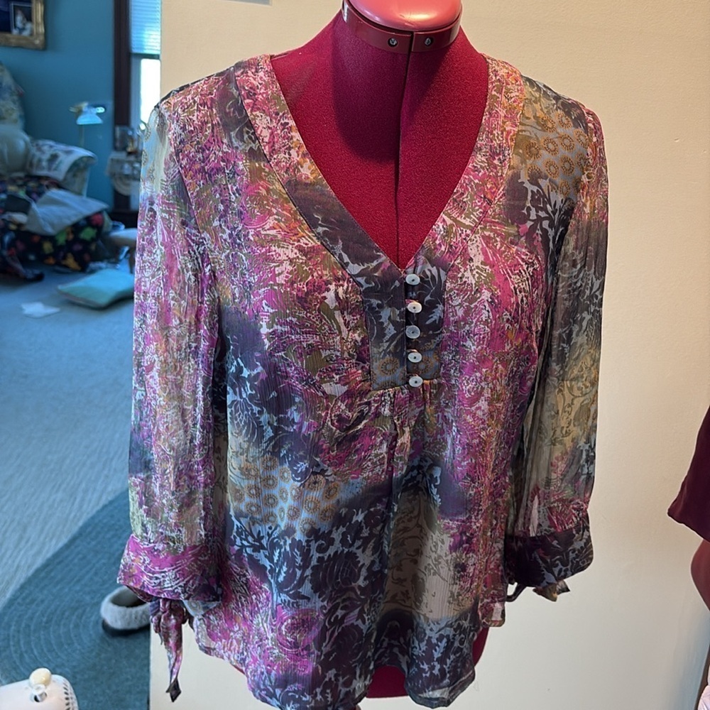Coldwater Creek  silk blouse sheer sleeves  V-neck/buttons  pink blue sage NWT